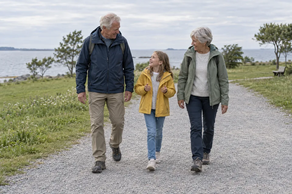 KI-generert illustrasjon: En bestefar, en bestemor og et barnebarn går sammen på en bred kyststi.