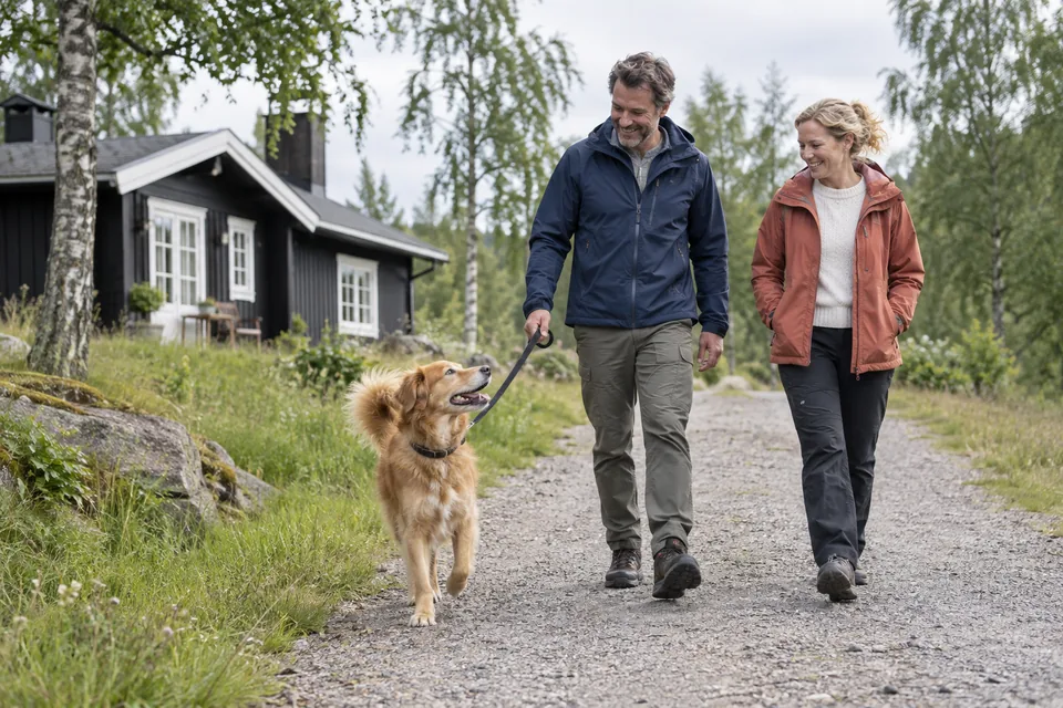 KI-generert illustrasjon: Et par går tur med en hund i bånd på en bred sti ved et feriehus.
