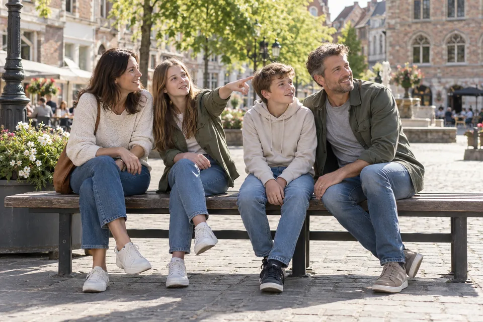 KI-generert illustrasjon: En mor, en far og to tenåringer tar en pause på en benk i en gågate.
