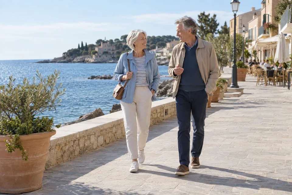 KI-generert illustrasjon: Et par går sammen langs en rolig strandpromenade.