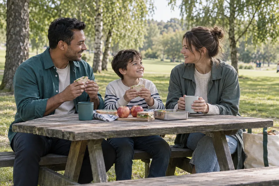 KI-generert illustrasjon: To voksne og et barn spiser en enkel piknik ved et bord i en grønn park.
