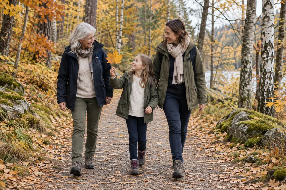 KI-generert illustrasjon: Tre generasjoner på en rolig tur i en høstskog.