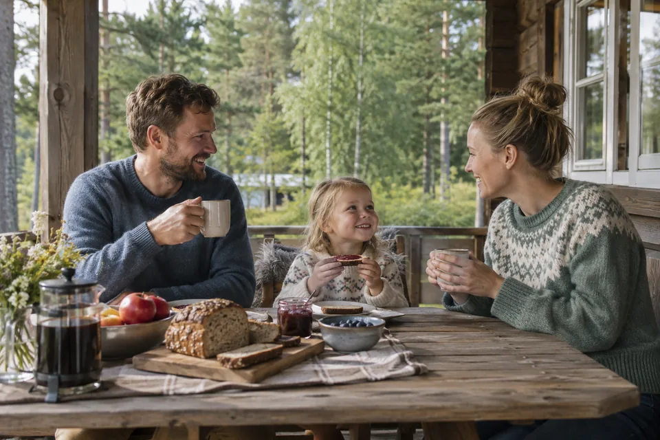 KI-generert illustrasjon: To voksne og et lite barn spiser frokost på en overbygd hytteveranda.