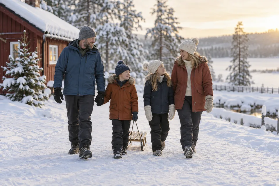 KI-generert illustrasjon: En familie på fire går i snøen ved en rød hytte med en liten kjelke.