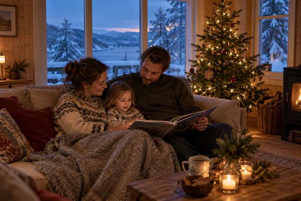 KI-generert illustrasjon: To voksne og et barn leser sammen i en stue med juletre og snø utenfor vinduet.