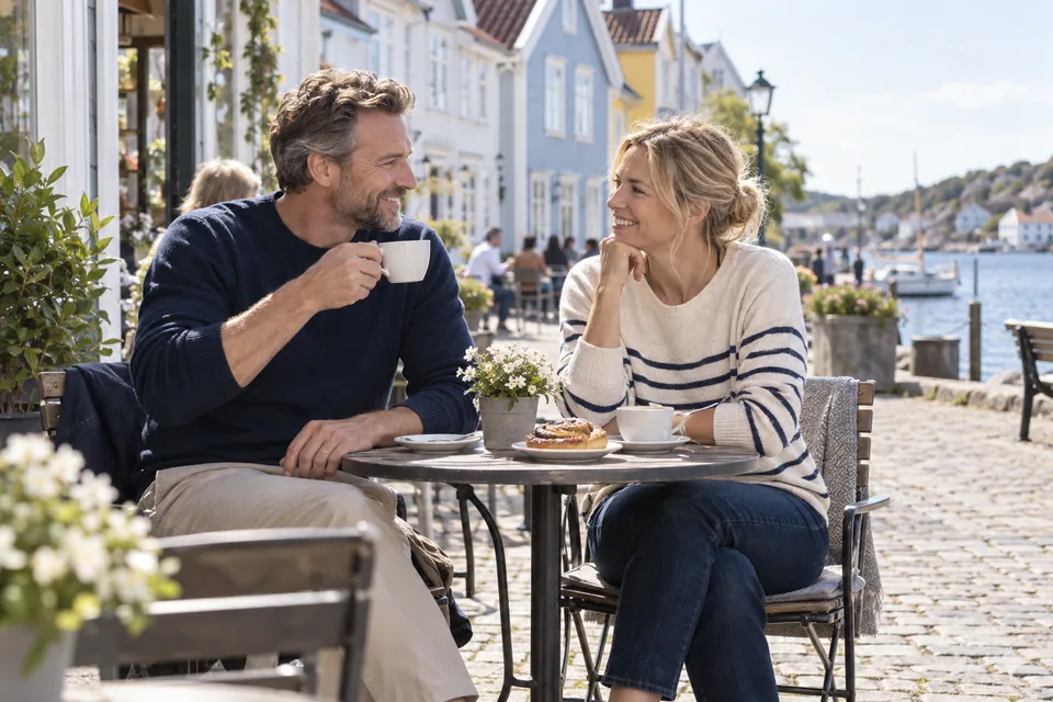 KI-generert illustrasjon: Et par nyter kaffe sammen på en utekafé i en nordisk-inspirert kystby.
