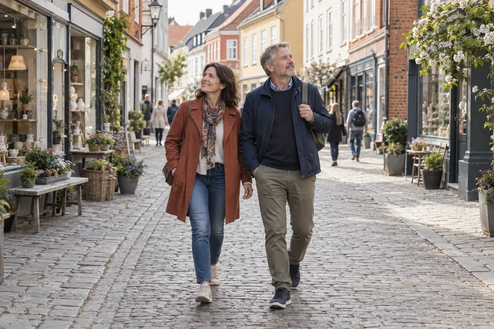 KI-generert illustrasjon: Et par utforsker en rolig gågate med små butikker og eldre bygninger.