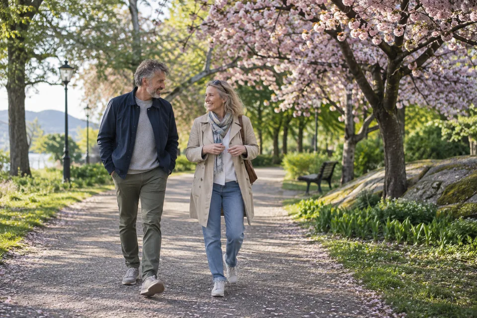 KI-generert illustrasjon: To voksne går sammen gjennom en park med blomstrende trær.