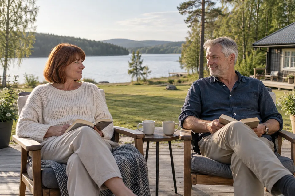 KI-generert illustrasjon: Et par sitter med hver sin bok på en terrasse med utsikt over en innsjø.