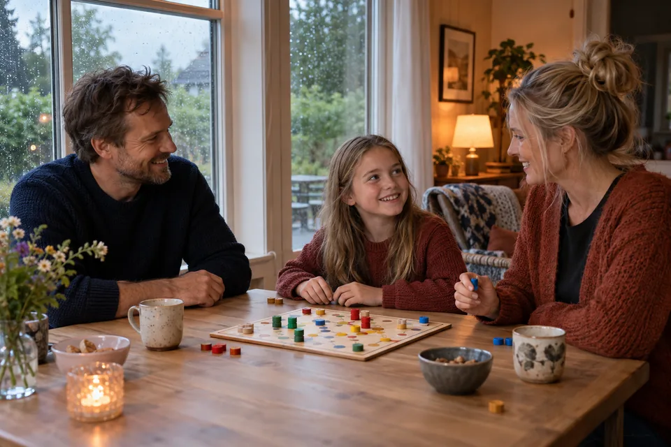 KI-generert illustrasjon: To voksne og en jente spiller et enkelt brettspill mens regnet treffer vinduet.