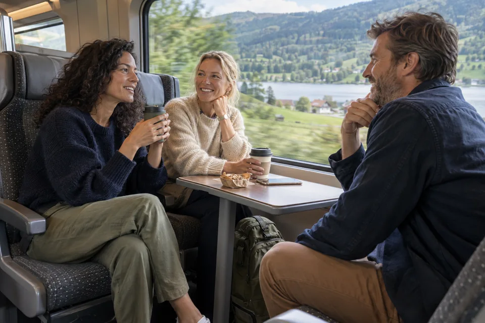 KI-generert illustrasjon: Tre voksne venner snakker sammen rundt et bord på et tog.